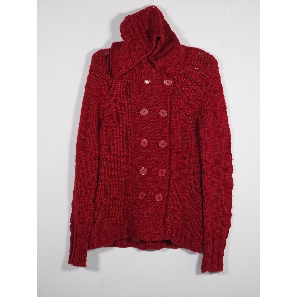Vintage Wet Seal Women Medium Red Chunky Wool Knit Hooded Cardigan Sweater